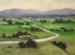 landscape, valley, river, cattle, sheep, hills, original watercolor painting, oberst